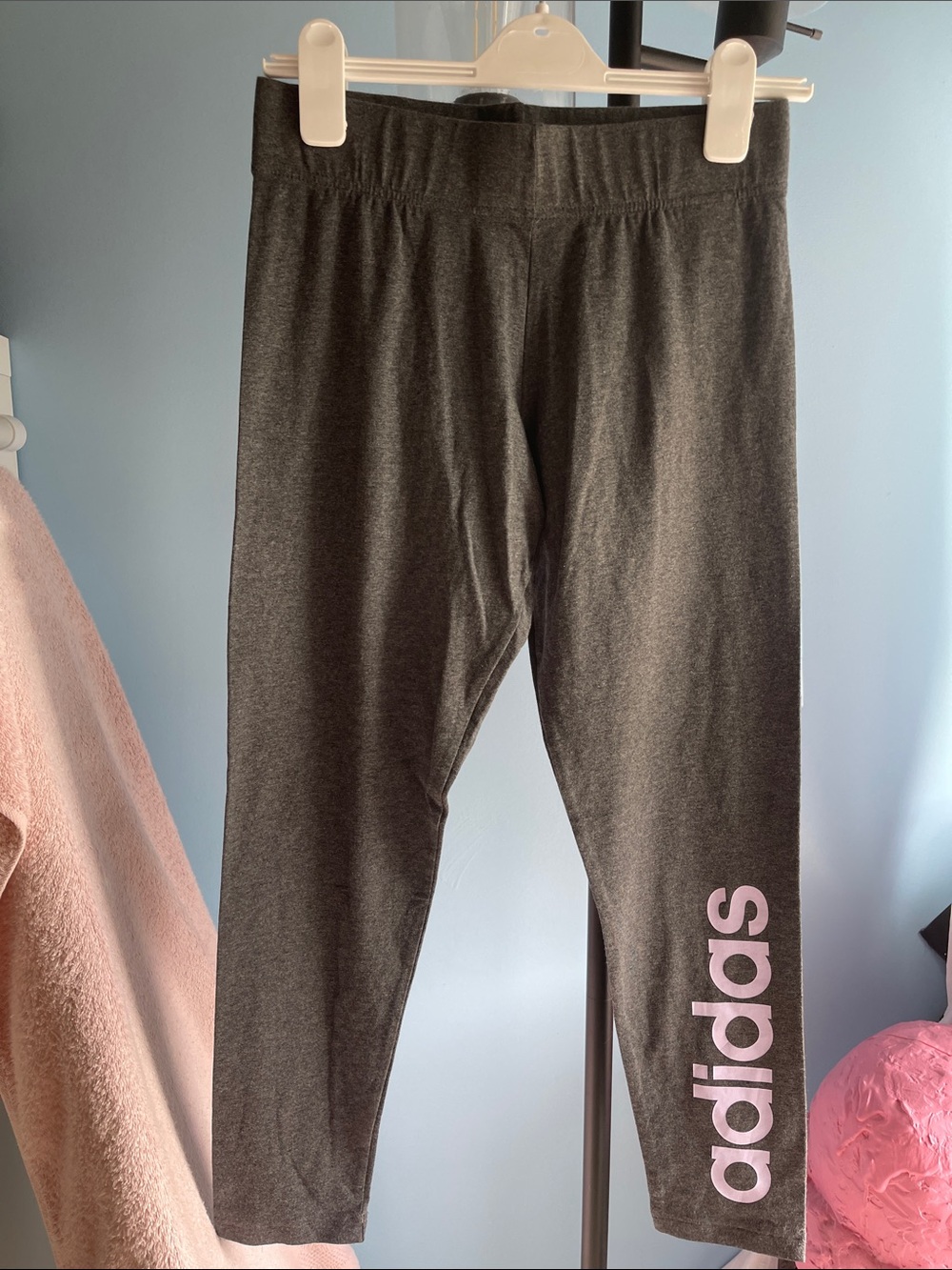 adidas women’s Charcoal Leggings with Purple Logo Down Leg